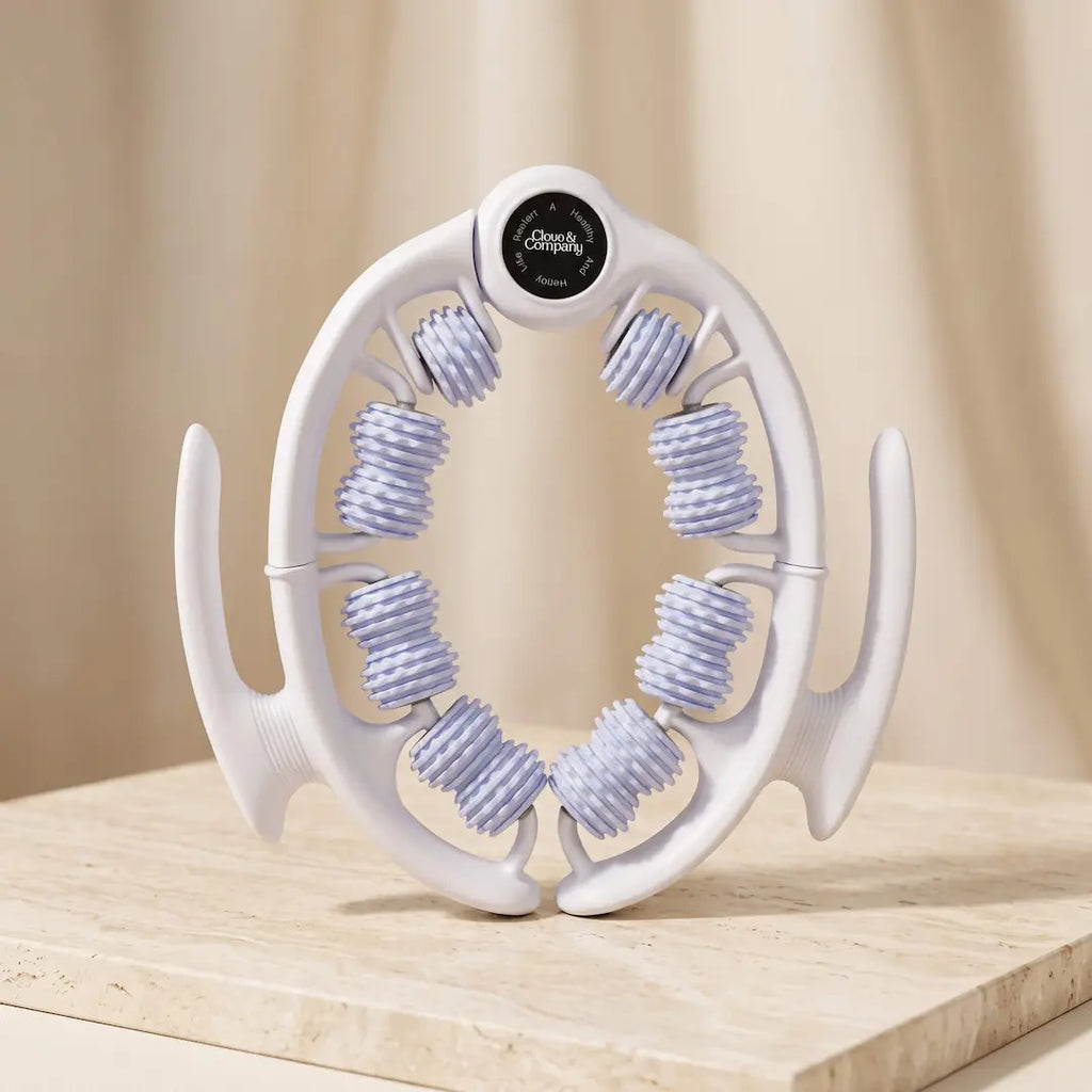 A white and light blue roller massager.