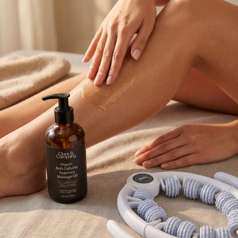 A person applies a golden oil to their leg, with a bottle of Clove & Company Massage Oil.