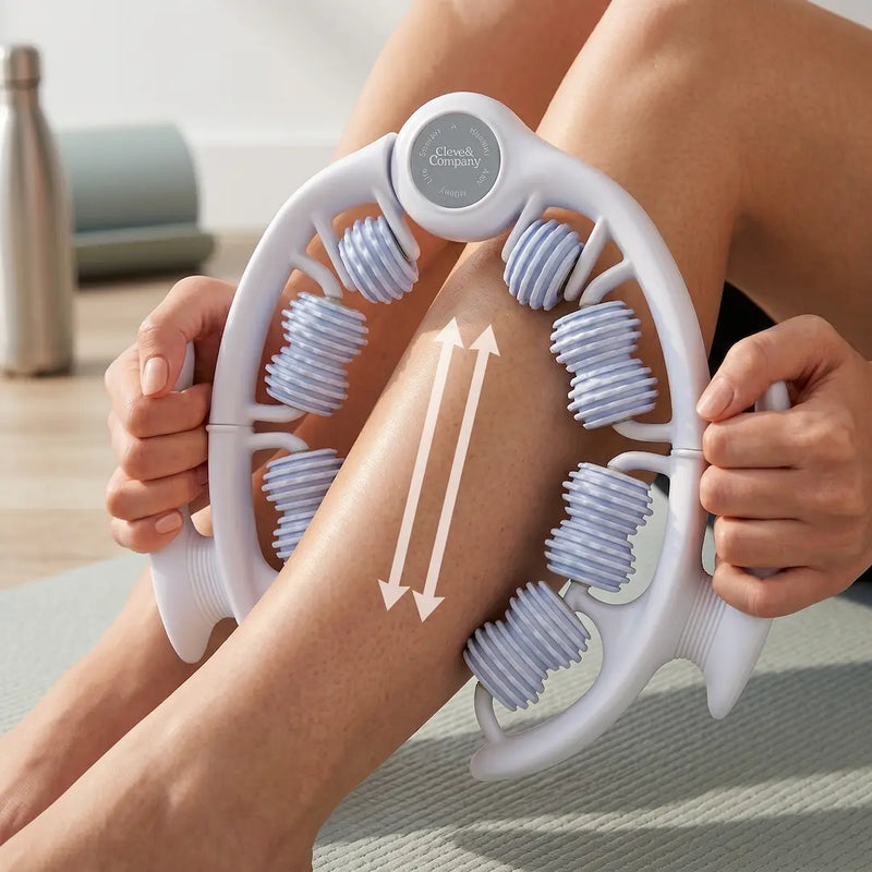 A person using a white and light blue leg massager roller on their leg, with a double-arrow graphic indicating back-and-forth motion. 