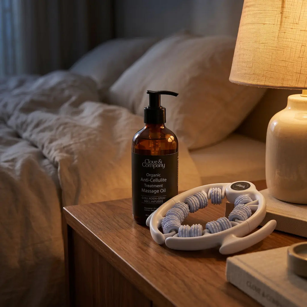 Clove & Company body roller and massage oil displayed together on a nightstand.
