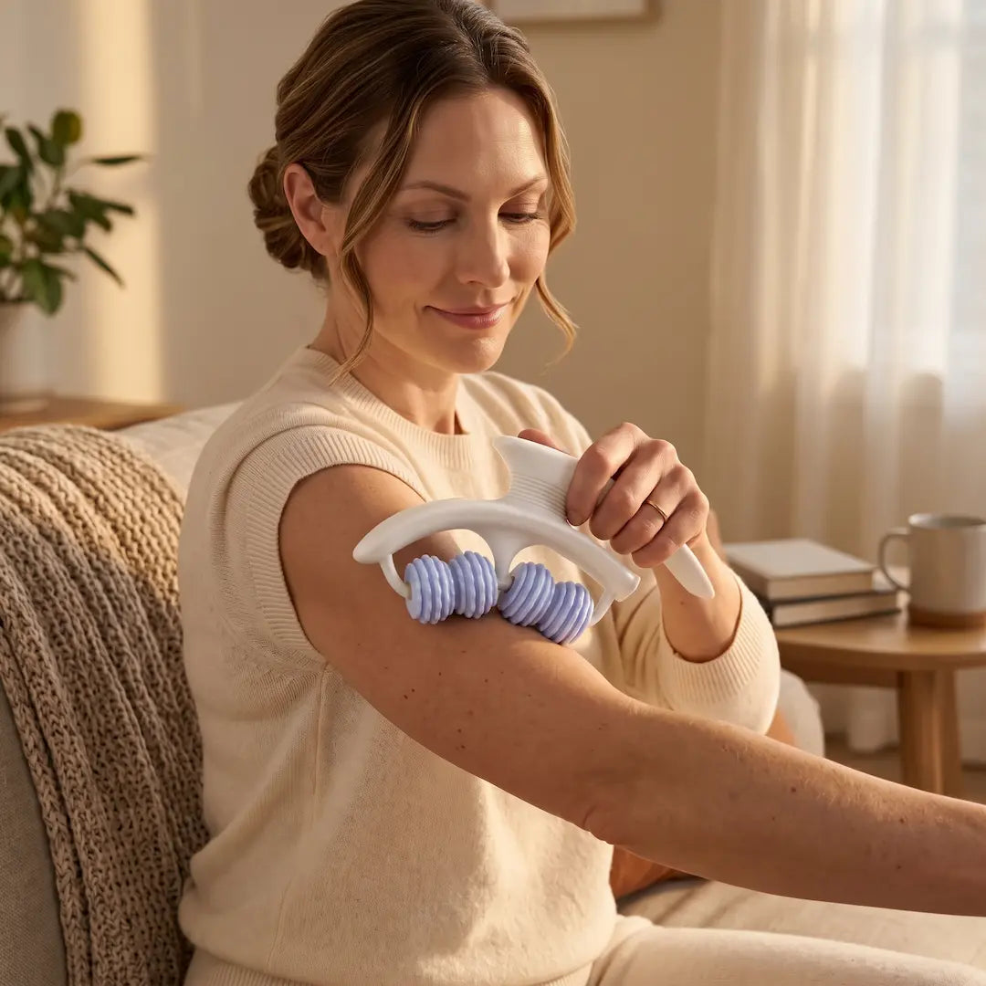 Person using the Clove & Company body roller on their shoulder and upper arm.