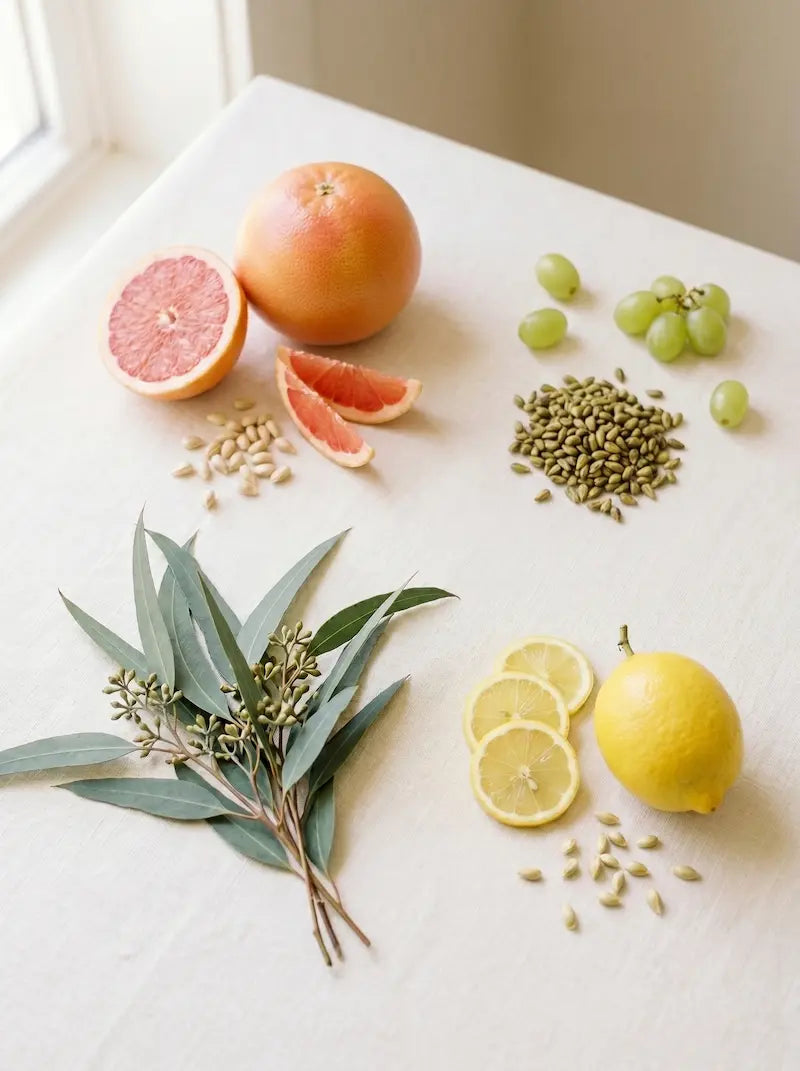 A styled flat-lay of citrus fruits, green grapes, pumpkin seeds, and eucalyptus leaves arranged on a light cream fabric surface.