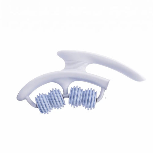 A white facial roller tool with two blue bristled massage rollers,.
